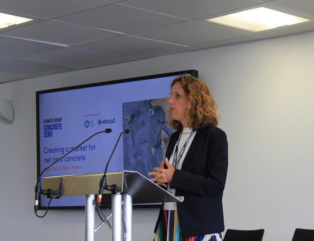 Helen Clarkson, Climate Group CEO, launches ConcreteZero in Canary Wharf, London, UK